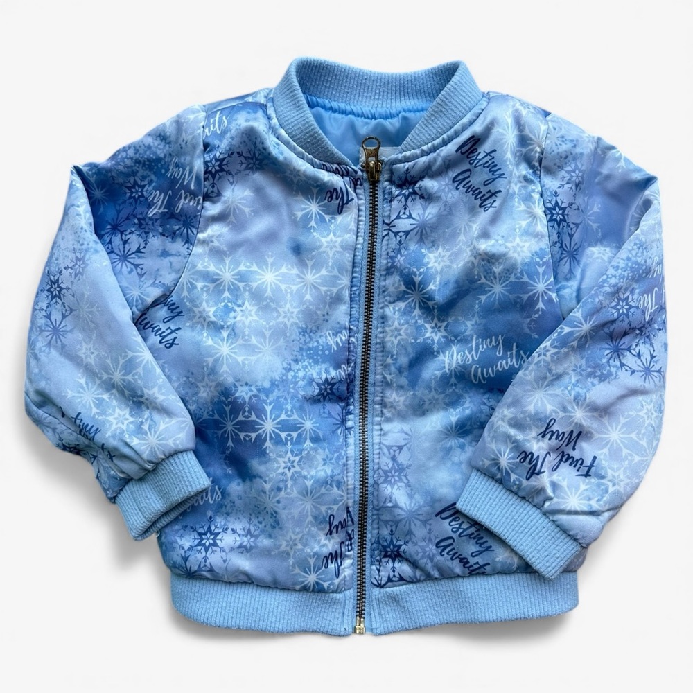 Disney Frozen II Elsa Snowflake Bomber Jacket Blue Zip-Up Coat Kids 3T